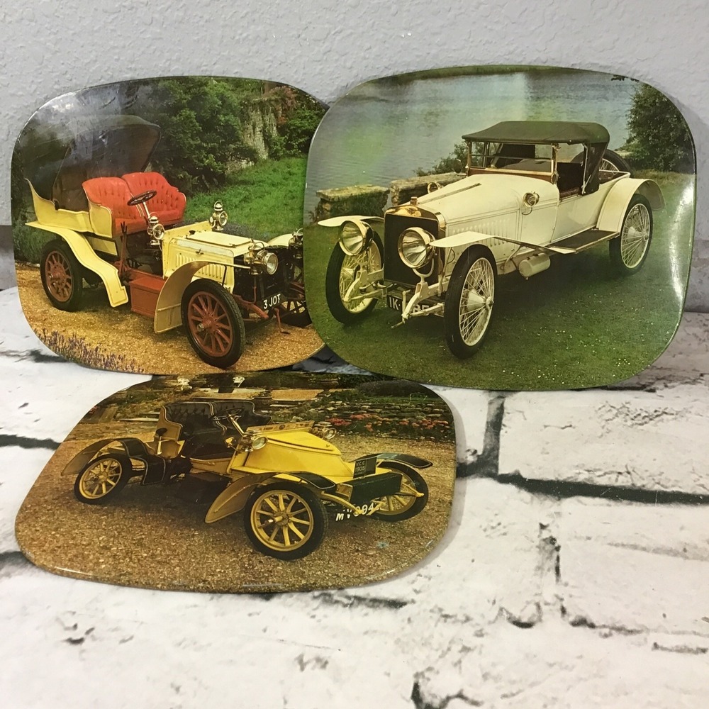 Vintage Antique Automobile Cork Back Hot Pads Trivets Lot Of 3 6" x 8" Flaws